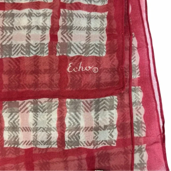 Vintage Echo Red Gray Plaid Geometric Silk Scarf - Picture 1 of 5